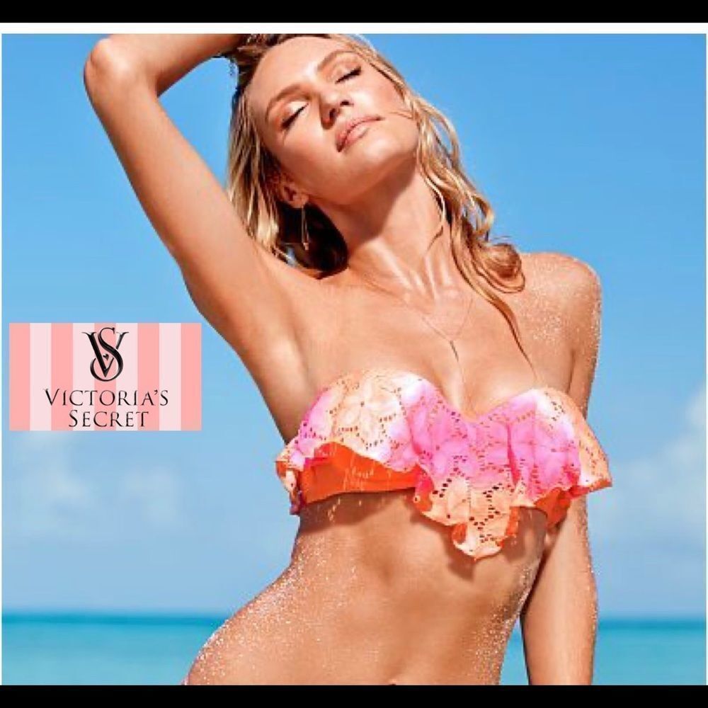 𝅺VICTORIA'S Secret neon orange pink ruffle frill lace bikini top Sz 36C/M/L/10